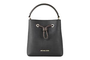 Michael Kors Suri Medium Black Leather Brown Handle Bucket Messenger Hand Bag