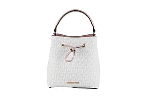 Michael Kors Suri Medium Leather Bucket Messenger Drawstring Hobo Handbag (Bright White/Powder Blush)