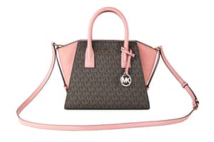 Michael Kors Avril Small Signature Leather Top Zip Satchel Crossbody Handbag (Sunset Rose/Brown Signature)