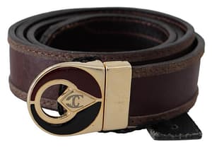 Just Cavalli Brown Leather Gold Logo Circle Metal Buckle Belt