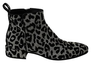 Dolce & Gabbana Black Silver Leopard Ankle Zipper Boots Shoes