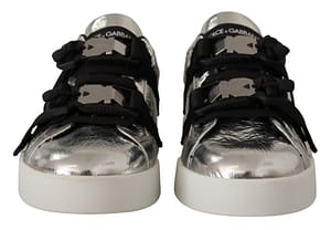 Silver Black Leather Metallic Sneakers Shoes