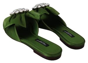 Green Bow Satin Crystals Flats Slides Shoes