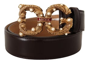 Brown leather brass logo buckle baroque amore belt