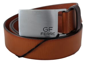 Brown Leather Logo Silver Square Metal Buckle Waist Belt