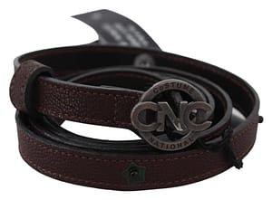 Brown Skinny Leather Round Logo Buckle Belt