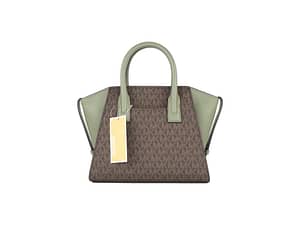 Avril Small Signature Leather Top Zip Satchel Crossbody Handbag (Army Green/Brown Signature)