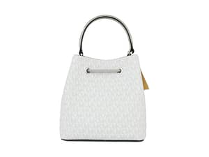 Suri Medium Leather Bucket Messenger Drawstring Hobo Handbag (Bright White/Aluminum)