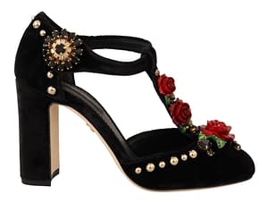 Dolce & Gabbana Black Mary Jane Pumps Roses Crystals Shoes