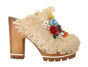 Dolce & Gabbana Beige Raffia Mules Floral Slides