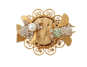 Dolce & Gabbana Gold Brass Crystal Pearl Bee Statement Ring