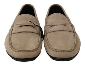 Beige Leather Flat Loafers Casual Mens Shoes