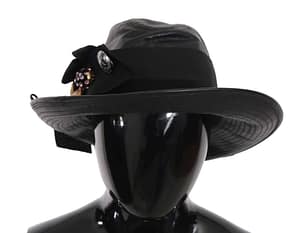 Dolce & Gabbana Black Leather Wide Brim DG Coin Crystal Hat