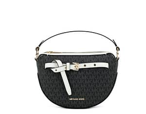 Michael Kors Emilia Black White Signature PVC Small Half Moon Crossbody Handbag