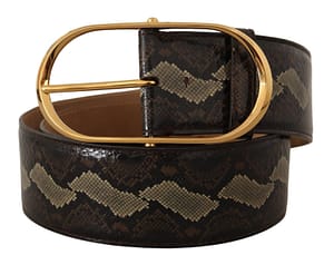 Brown Exotic Leather Gold Oval Buckle Belt