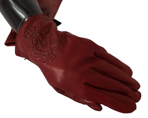 Burgundy Logo Embossed Leather Mitten Gloves
