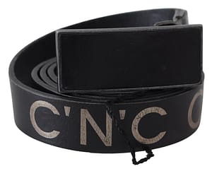 Black Genuine Leather Logo Buckle Waist Belt