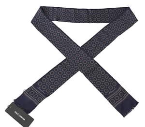 Navy Blue Patterned Silk Fringe Neck Wrap Scarf