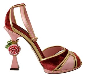 Dolce & Gabbana Pink Red Velvet Flower Strappy Sandals Shoes