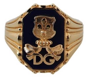 Dolce & Gabbana Black DG Logo Baroque Mens Gold Brass Ring