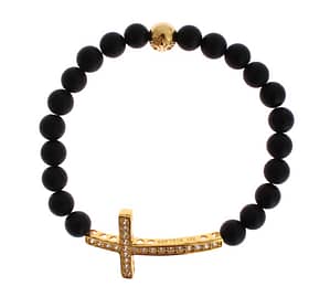 Nialaya Matte Onyx Stone Gold CZ Cross 925 Silver Bracelet
