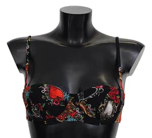 Dolce & Gabbana Black Heart Floral Print Beachwear Bikini Tops