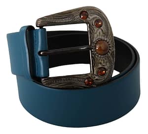 Dolce & Gabbana Blue Leather Orange Crystal Baroque Buckle Belt
