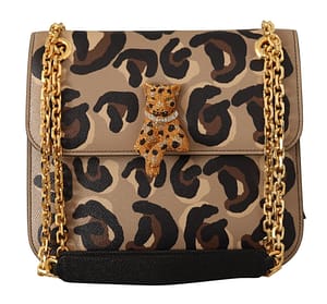 Dolce & Gabbana Brown Leather DG Leopard Crystal Shoulder Party Purse