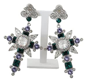 Dolce & Gabbana Silver Tone Brass Clear Green Crystal Cross Drop Earrings