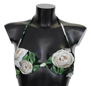 Dolce & Gabbana Black Rose Print Swimsuit Beachwear Bikini Tops