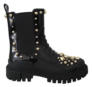Dolce & Gabbana Black Calfskin Studded Combat Boots Shoes