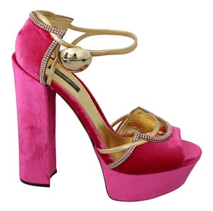 Dolce & Gabbana Pink Velvet Crystal Ankle Strap Sandals Shoes
