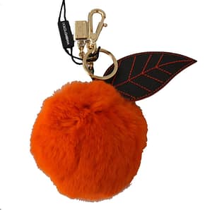 Dolce & Gabbana Black Leather Orange Fur Gold Clasp Keyring Keychain