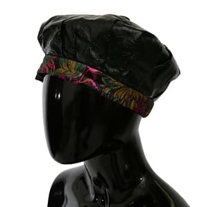 Black Lamb Leather Floral Print Beret Hat
