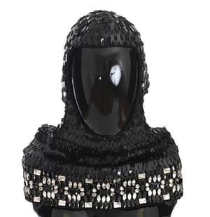 Dolce & Gabbana Black Knitted Wool Crystal Beaded Hood Scarf Hat