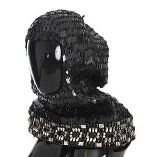 Black Knitted Wool Crystal Beaded Hood Scarf Hat