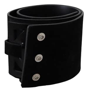 Black Leather Wide Silver Logo Design Buckle Belt