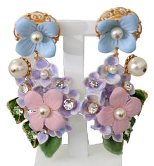 Dolce & Gabbana Purple Crystal Floral Pearl Hortensia Bouquet Clip-on Earrings