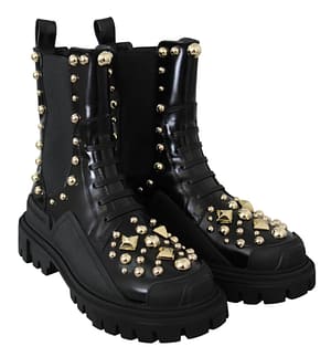 Black Calfskin Studded Combat Boots Shoes