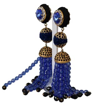 Blue Crystals Gold Tone Drop Clip-on Dangle Earrings
