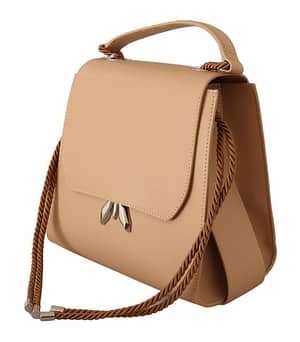 Beige Leather Embellished Top Handle Women Shoulder Bag