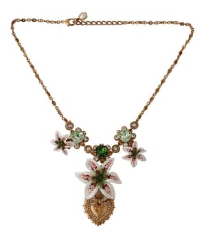 Gold Green White Brass Crystal Lily Flower Heart Necklace
