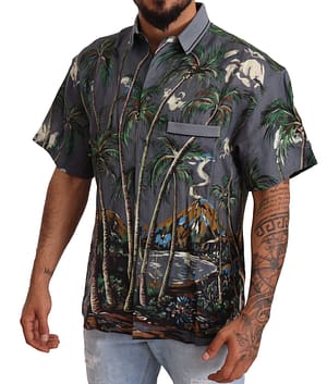Gray Linen Tropical Print Collared Shirt