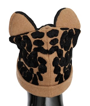 Brown Cashmere Knitted Animal Design Beanie Hat