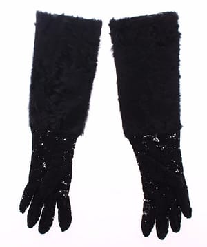 Dolce & Gabbana Black Lace Wool Lambskin Fur Elbow Gloves