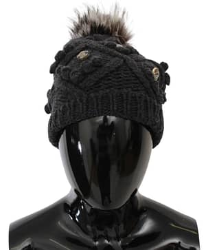 Dolce & Gabbana Gray Cashmere Fur Crystal Winter Beanie Hat