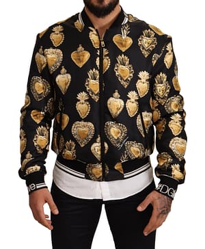 Dolce & Gabbana Black Silk Sacred Heart Bomber Coat Jacket