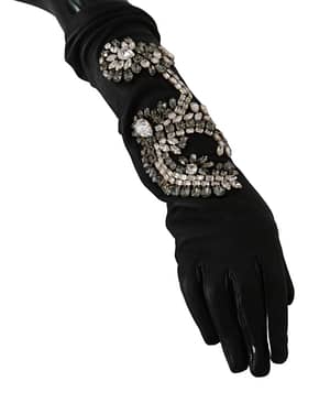 Dolce & Gabbana Black Leather Lamb Skin Crystal Gloves