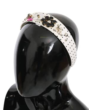 Black White Polka Dot Crystal Floral Diadem Headband
