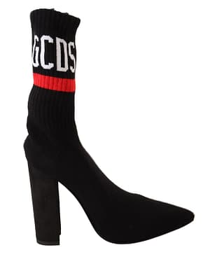 Gcds black suede logo socks block heel ankle boots shoes